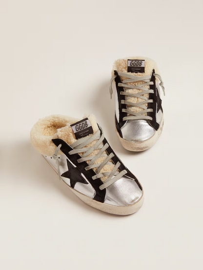 Golden Goose Metallic Mule Superstar With Shearling - Black Unisex Streetwear Limited Edition