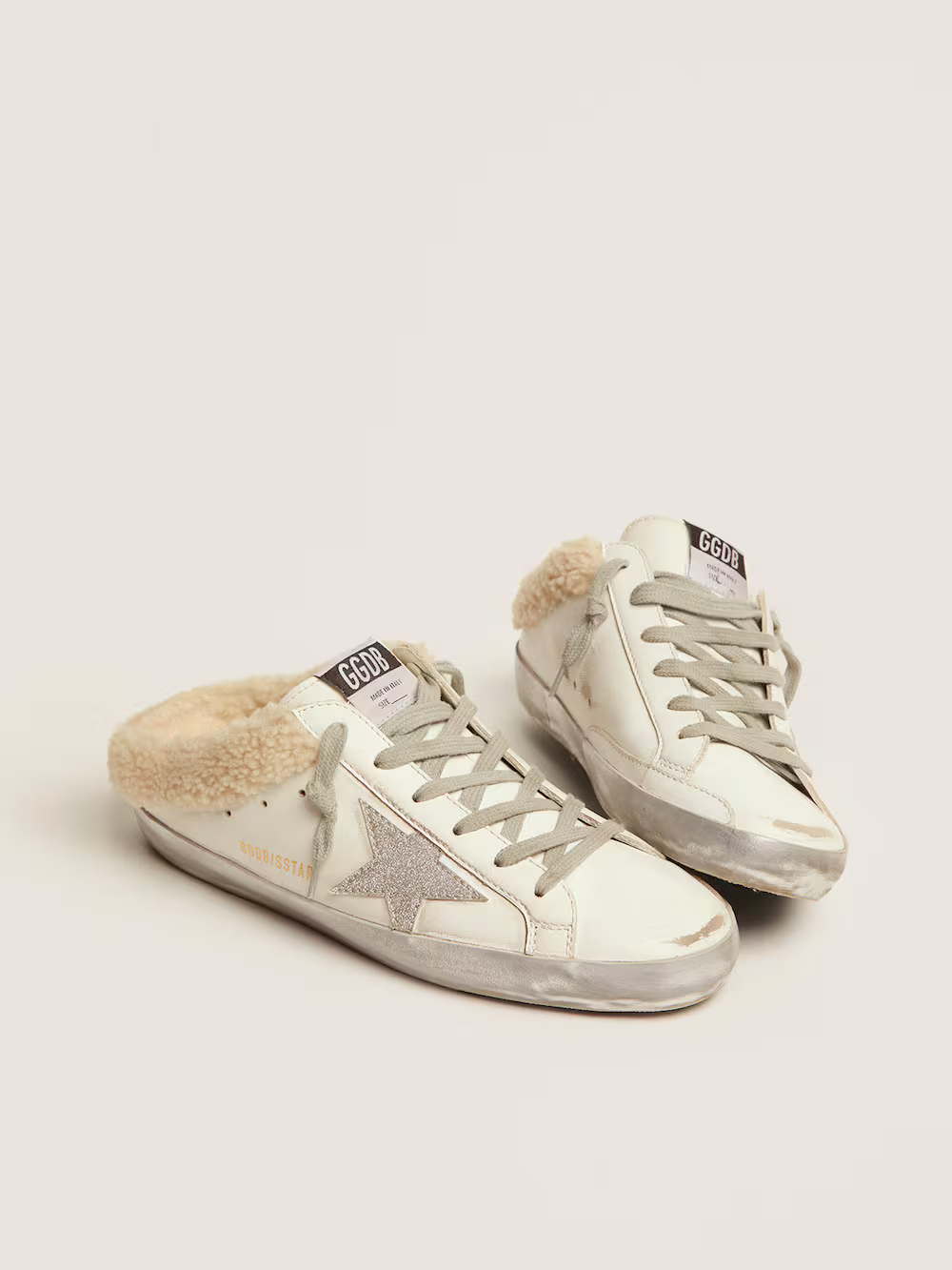 Golden Goose Shearling Slide Super-star Sneaker With Glitter Star - White Unisex Streetwear Limited Edition