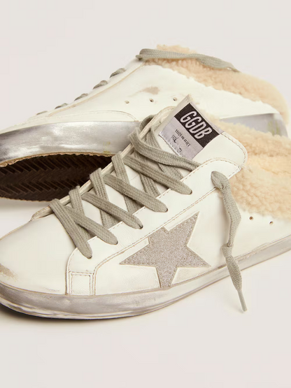 Golden Goose Shearling Slide Super-star Sneaker With Glitter Star - White Unisex Streetwear Limited Edition
