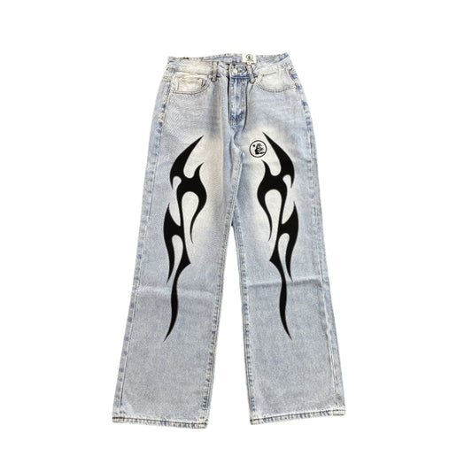 HELLSTAR Flame Jeans Washed Blue Hoodie - Black Unisex Streetwear Limited Edition