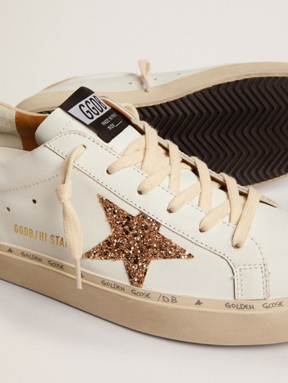 Hi Star Sneakers With Gold Glitter Star And Leather Heel Tab - Beige Unisex Streetwear Limited Edition