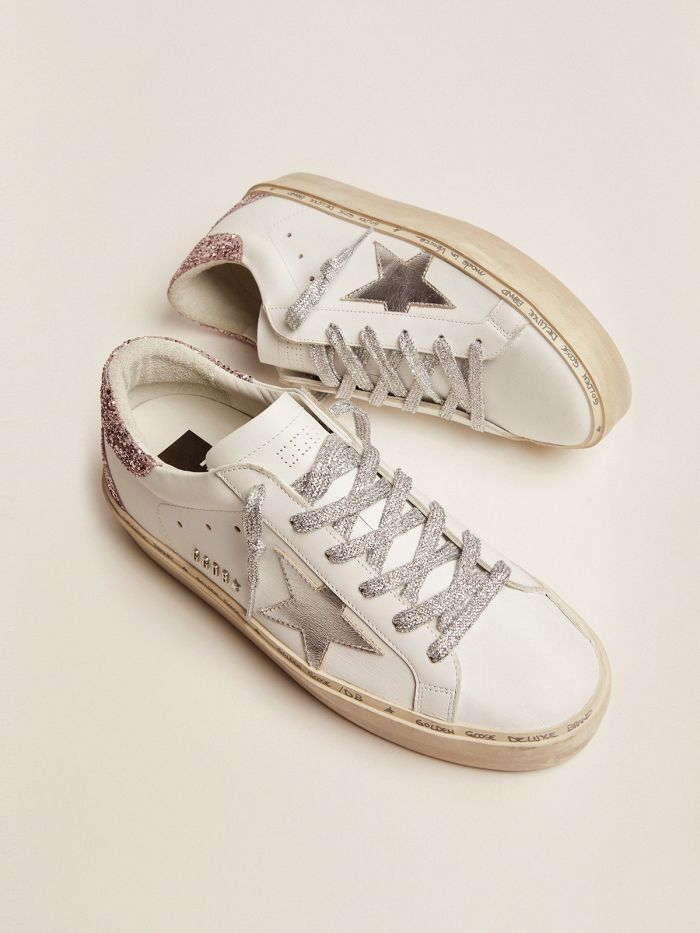 Hi Star Sneakers With Silver Laminated Leather Star And Quartz-pink Glitter Heel Tab Unisex Streetwear Limited Edition