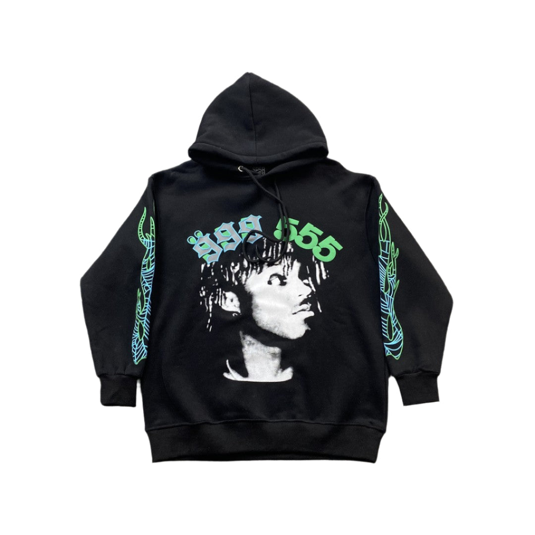 JUICE Wrld - Sp5der Hoodie - Black Unisex Streetwear Limited Edition - The JUICE WRLD x SP5DER HOODIE BLACK - REPLICA is a bold tribute to Juice