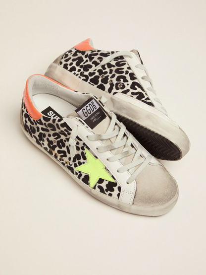 Leopard-print And Neon Super-star Sneakers - Black Unisex Streetwear Limited Edition