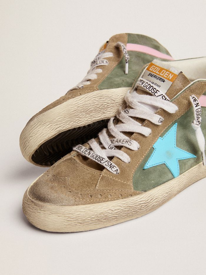 Mid Star Ltd Sneakers In Military Green Suede With Sky-blue Leather Star And Pink Leather Flash Unisex Streetwear Limited Edition