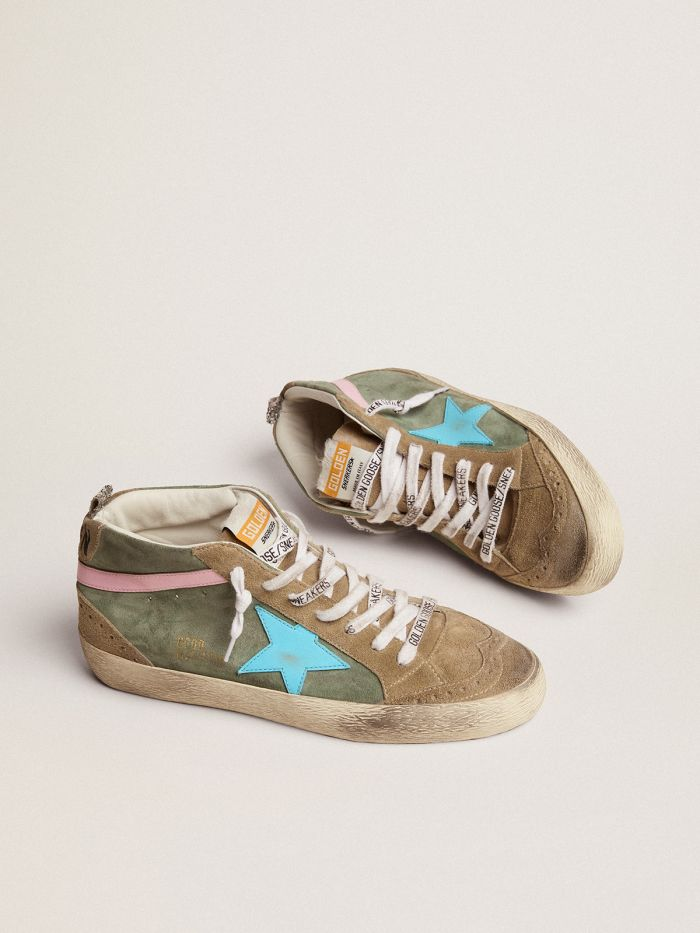 Mid Star Ltd Sneakers In Military Green Suede With Sky-blue Leather Star And Pink Leather Flash Unisex Streetwear Limited Edition
