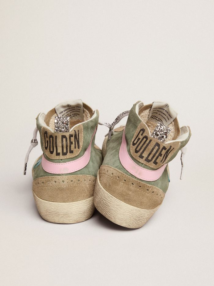 Mid Star Ltd Sneakers In Military Green Suede With Sky-blue Leather Star And Pink Leather Flash Unisex Streetwear Limited Edition