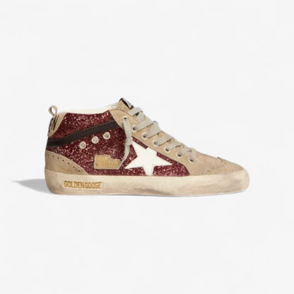 Mid Star Sneakers In Burgundy Glitter With Dove-gray Suede Inserts And Leather Star - White Unisex Streetwear Limited Edition