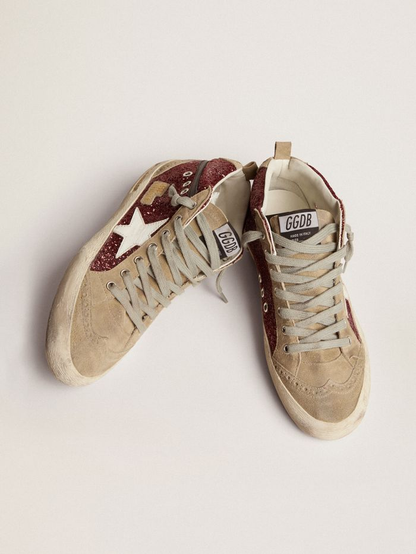 Mid Star Sneakers In Burgundy Glitter With Dove-gray Suede Inserts And Leather Star - White Unisex Streetwear Limited Edition