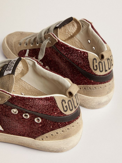 Mid Star Sneakers In Burgundy Glitter With Dove-gray Suede Inserts And Leather Star - White Unisex Streetwear Limited Edition