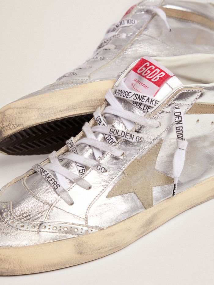 Mid Star Sneakers In Silver Metallic Leather With Star And Flash In Dove-gray Suede Unisex Streetwear Limited Edition