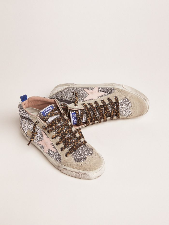 Mid Star Sneakers With Silver Glitter Upper And Pale Star - Pink Unisex Streetwear Limited Edition