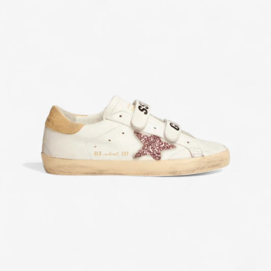 Old School Sneakers With Pink Glitter Star And Sand-colored Suede Heel Tab Unisex Streetwear Limited Edition