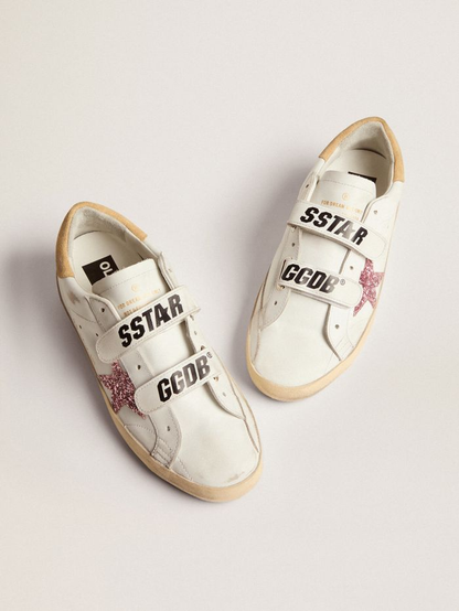Old School Sneakers With Pink Glitter Star And Sand-colored Suede Heel Tab Unisex Streetwear Limited Edition