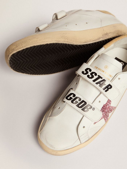 Old School Sneakers With Pink Glitter Star And Sand-colored Suede Heel Tab Unisex Streetwear Limited Edition