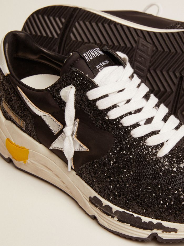 Running Sole Sneakers In Nylon And Glitter With Silver Laminated Leather Star - Black Unisex Streetwear Limited Edition