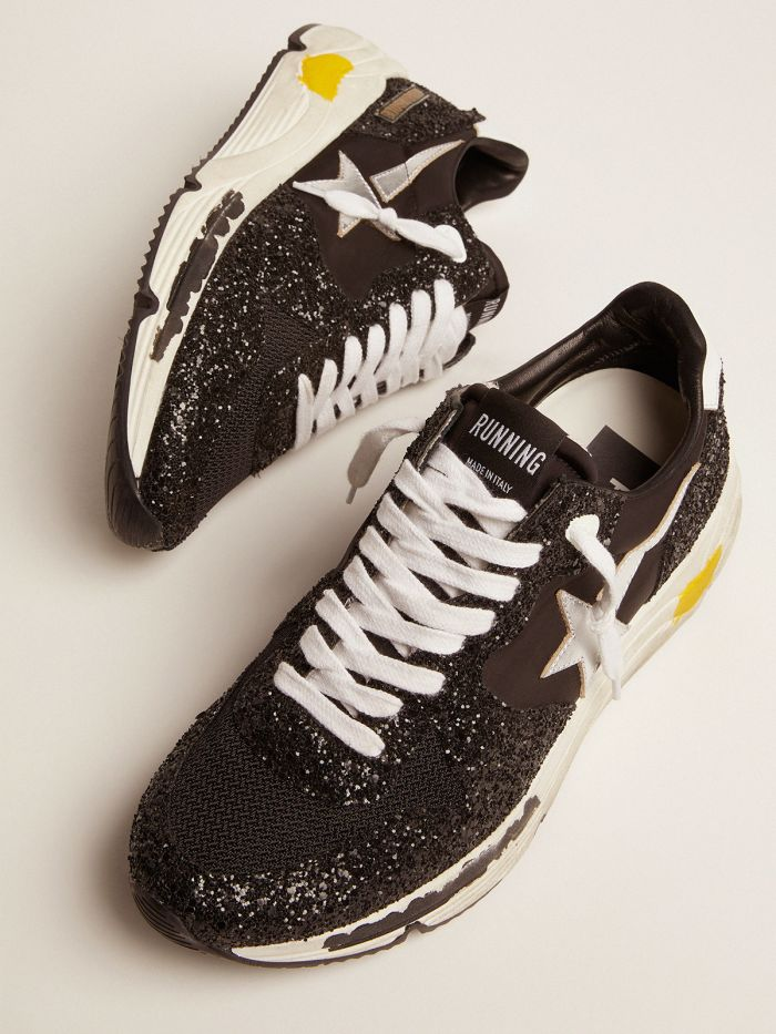 Running Sole Sneakers In Nylon And Glitter With Silver Laminated Leather Star - Black Unisex Streetwear Limited Edition