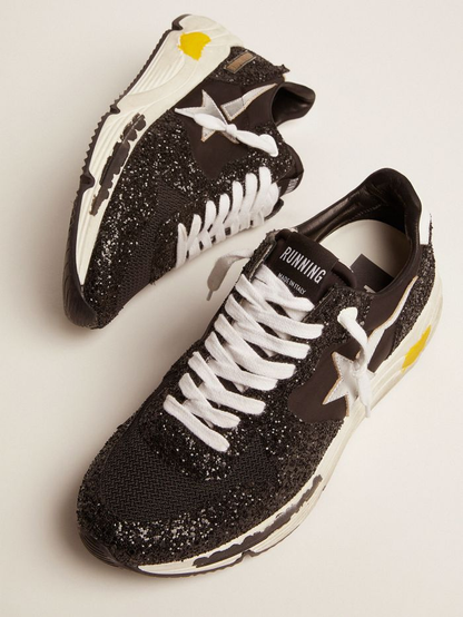 Running Sole Sneakers In Nylon And Glitter With Silver Laminated Leather Star - Black Unisex Streetwear Limited Edition
