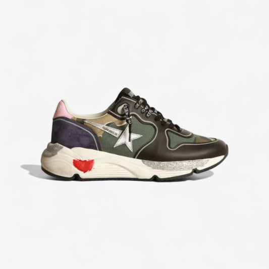Running Sole Sneakers In Camouflage Canvas With Silver Laminated Leather Star And Baby-pink Leather Unisex Streetwear Limited Edition