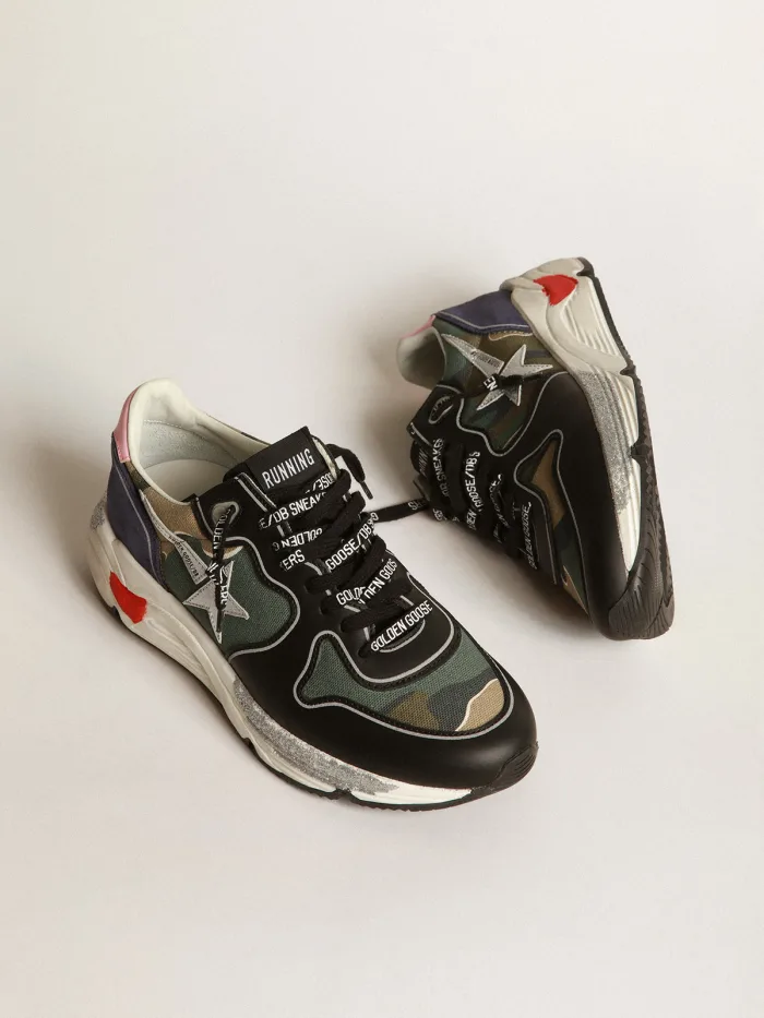 Running Sole Sneakers In Camouflage Canvas With Silver Laminated Leather Star And Baby-pink Leather Unisex Streetwear Limited Edition