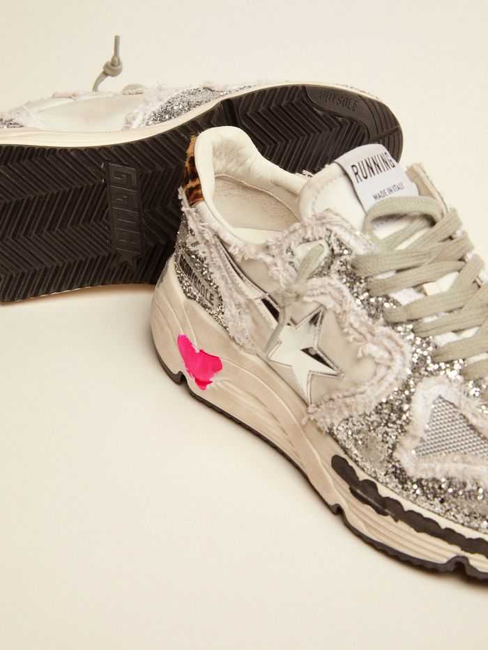 Running Sole Sneakers In Nylon And Silver Glitter With Leopard-print Pony Skin Heel Tab - Red Unisex Streetwear Limited Edition