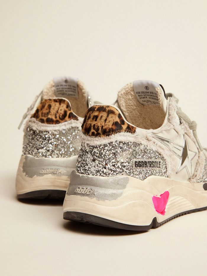 Running Sole Sneakers In Nylon And Silver Glitter With Leopard-print Pony Skin Heel Tab - Red Unisex Streetwear Limited Edition