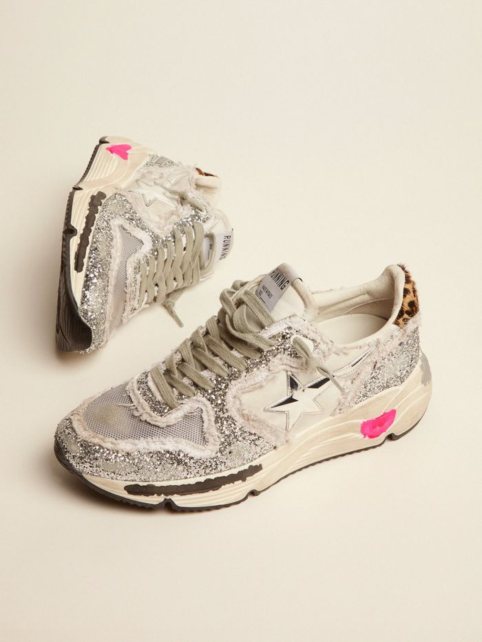 Running Sole Sneakers In Nylon And Silver Glitter With Leopard-print Pony Skin Heel Tab - Red Unisex Streetwear Limited Edition