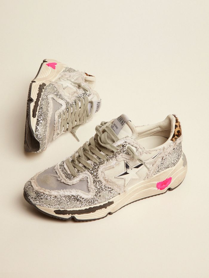 Running Sole Sneakers In Nylon And Silver Glitter With Leopard-print Pony Skin Heel Tab - Red Unisex Streetwear Limited Edition