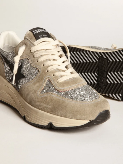 Running Sole Sneakers In Silver Glitter And Dove-gray Suede With Leather Star - Black Unisex Streetwear Limited Edition