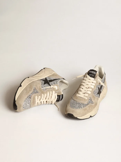 Running Sole Sneakers In Silver Glitter And Dove-gray Suede With Leather Star - Black Unisex Streetwear Limited Edition