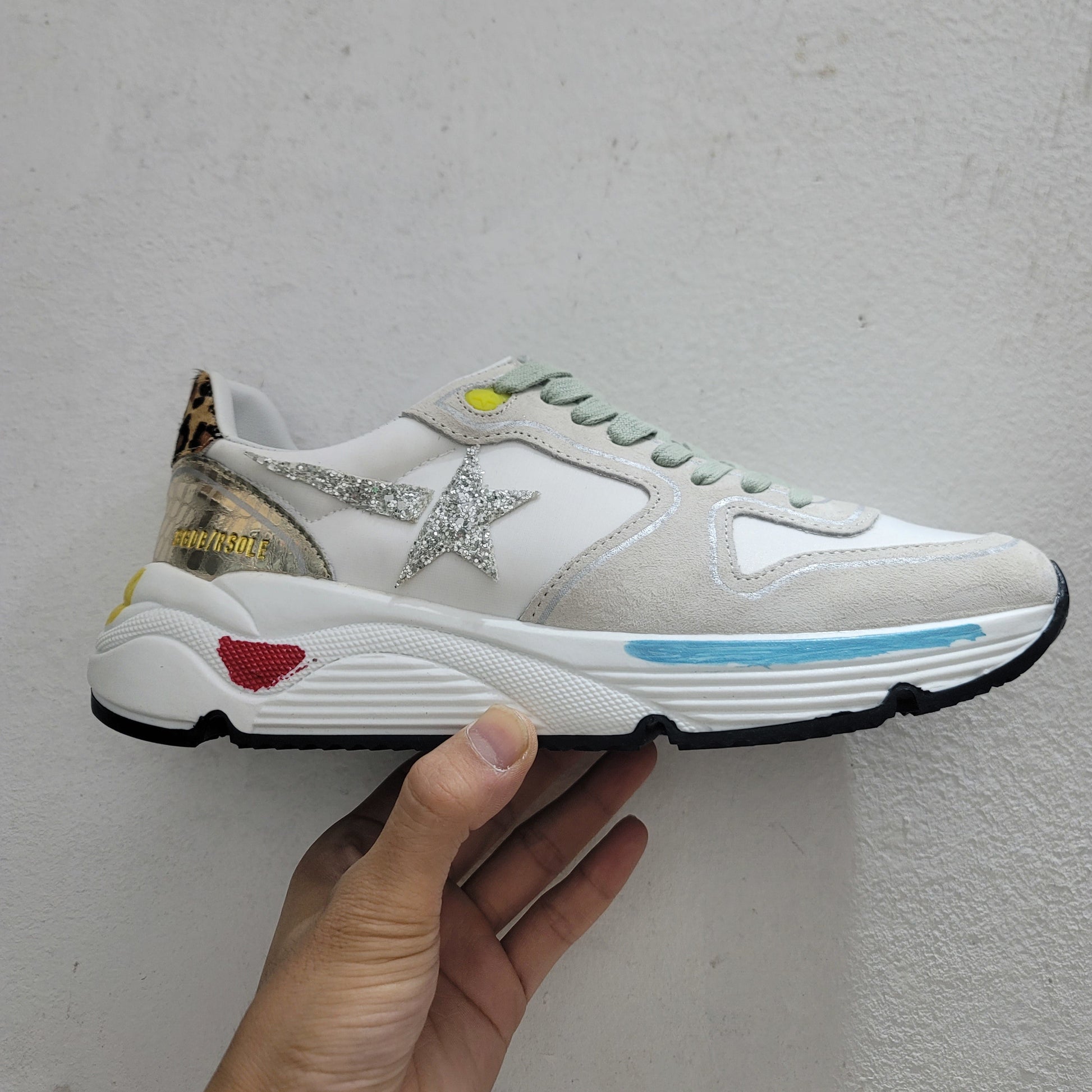 Running Sole Sneakers In Suede With Glitter And Leopard Print - White Unisex Streetwear Limited Edition