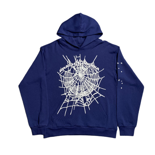 SP5DER Arach Ny Phobia Hoodie - Navy Unisex Streetwear Limited Edition - The SP5DER ARACH NY PHOBIA HOODIE NAVY - REPLICA blends bold streetwear aesthetics with understated