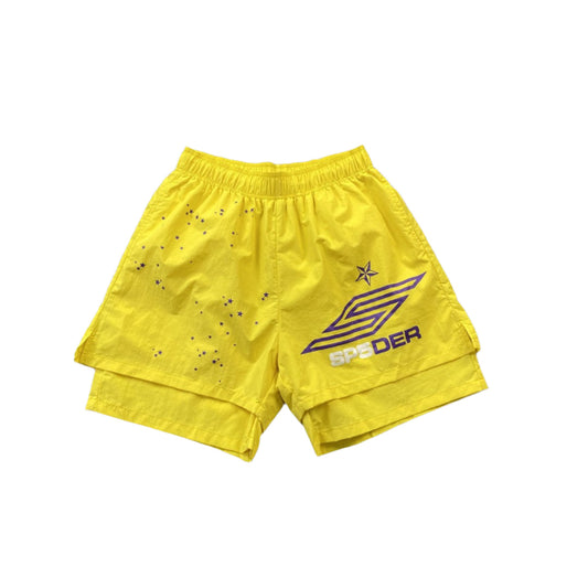 SP5DER Double Layer Shorts - Yellow Unisex Streetwear Limited Edition - The SP5DER DOUBLE LAYER SHORTS YELLOW - REPLICA bring bold energy and unique design to