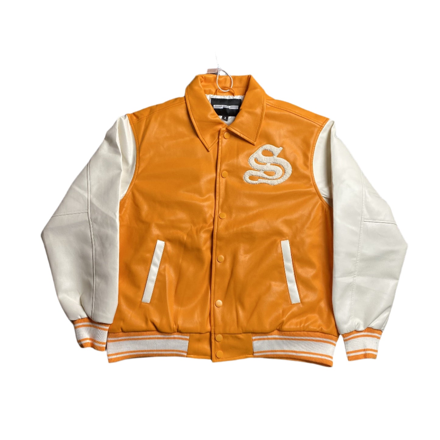 SP5DER Leather Varsity Jacket - Orange Unisex Streetwear Limited Edition - The SP5DER LEATHER VARSITY JACKET ORANGE - REPLICA is the ultimate blend of bold streetwear