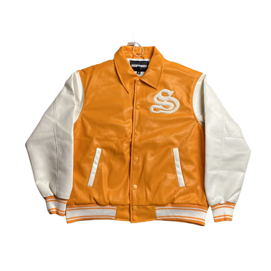 SP5DER Leather Varsity Jacket - Orange Unisex Streetwear Limited Edition - The SP5DER LEATHER VARSITY JACKET ORANGE - REPLICA is the ultimate blend of bold streetwear