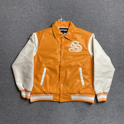 SP5DER Leather Varsity Jacket - Orange Unisex Streetwear Limited Edition - The SP5DER LEATHER VARSITY JACKET ORANGE - REPLICA is the ultimate blend of bold streetwear