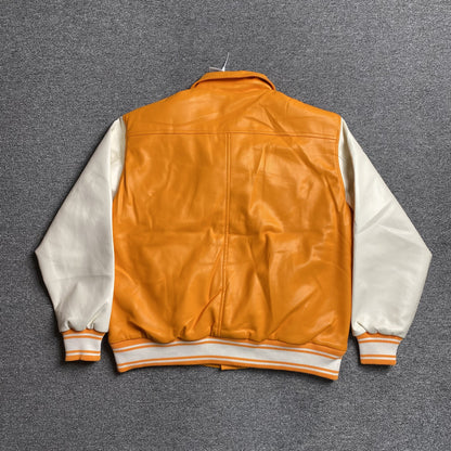 SP5DER Leather Varsity Jacket - Orange Unisex Streetwear Limited Edition - The SP5DER LEATHER VARSITY JACKET ORANGE - REPLICA is the ultimate blend of bold streetwear