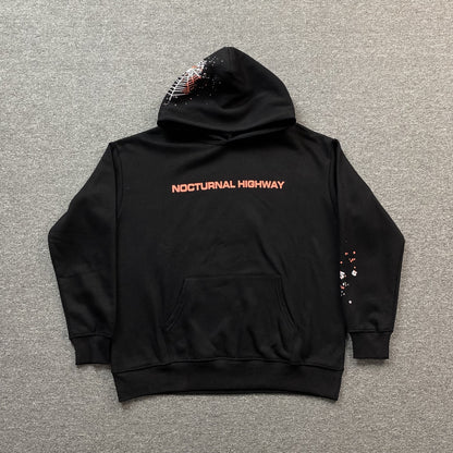 SP5DER Nocturnal Highway Hoodie - Black Unisex Streetwear Limited Edition - The SP5DER NOCTURNAL HIGHWAY HOODIE BLACK - REPLICA is a bold and futuristic take on
