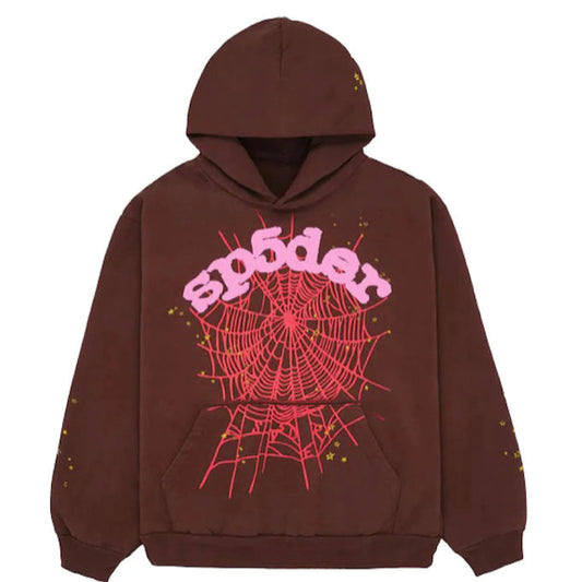 SP5DER Web Hoodie - Brown Unisex Streetwear Limited Edition - The SP5DER WEB HOODIE BROWN - REPLICA combines earthy tones with bold streetwear energy, making