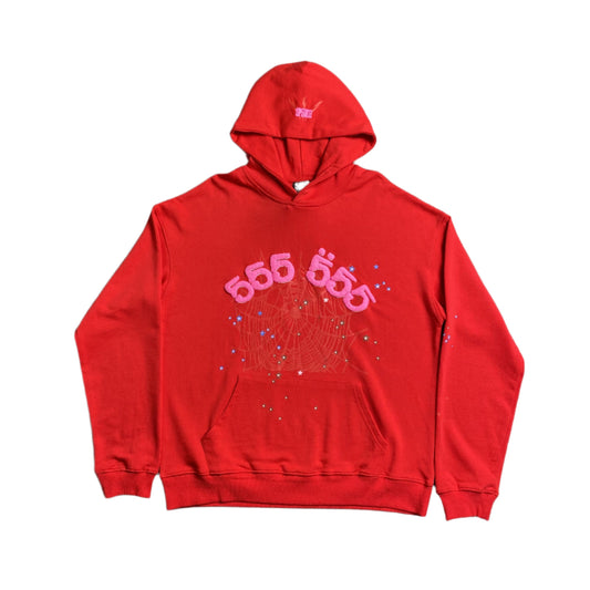 SP5DER Worldwide Angel Number 555 Hoodie - Red Unisex Streetwear Limited Edition - The SP5DER WORLDWIDE RED ANGEL NUMBER 555 HOODIE RED - REPLICA merges bold streetwear aesthetics