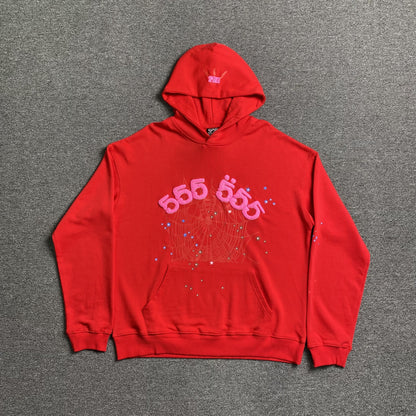SP5DER Worldwide Angel Number 555 Hoodie - Red Unisex Streetwear Limited Edition - The SP5DER WORLDWIDE RED ANGEL NUMBER 555 HOODIE RED - REPLICA merges bold streetwear aesthetics