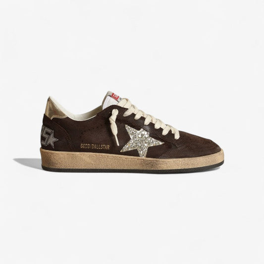 Sneaker Ball Star In Suede Marrone Con Stella In Glitter Platino E Linguetta In Nylon Bianco - Red Unisex Streetwear Limited Edition