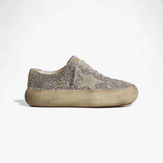 Space-star Shoes In Silver Glitter With Ice-gray Suede Star And Heel Tab Unisex Streetwear Limited Edition