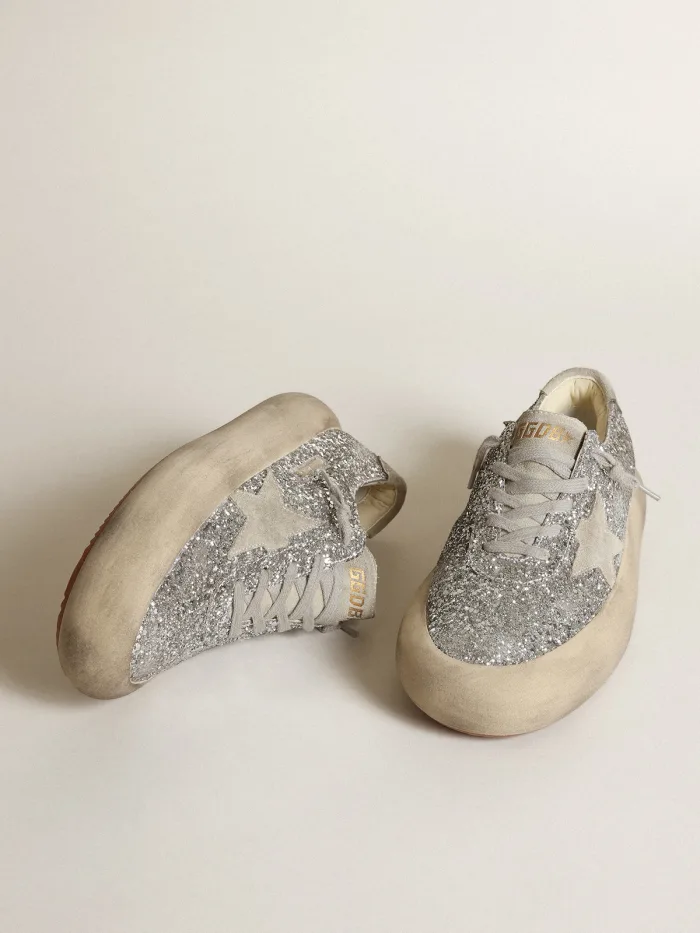Space-star Shoes In Silver Glitter With Ice-gray Suede Star And Heel Tab Unisex Streetwear Limited Edition