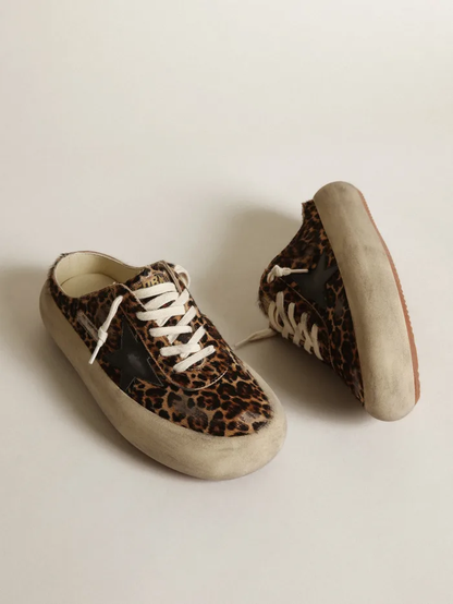 Space-star Sabots In Leopard-print Pony Skin With Leather Star Sneakers - Black Unisex Streetwear Limited Edition