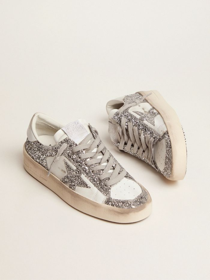 Stardan Sneakers In Leather And Silver Glitter - White Unisex Streetwear Limited Edition
