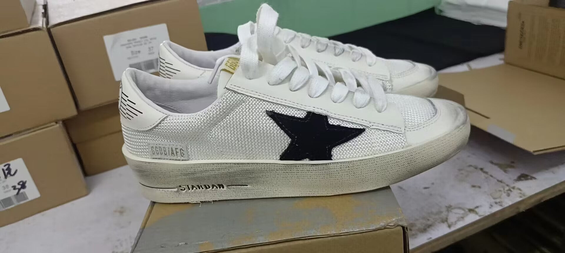 Stardan Sneakers In White Mesh With Suede Star And White Leather Heel Tab - Black Unisex Streetwear Limited Edition