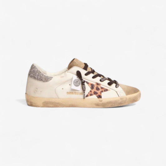 Super-star Ltd Sneakers With Leopard-print Crystal Star And Silver-colored Crystal Heel Tab Unisex Streetwear Limited Edition