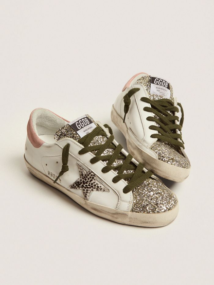 Super-star Ltd Sneakers With Silver Glitter And Animal-print Pony Skin Star - White Unisex Streetwear Limited Edition