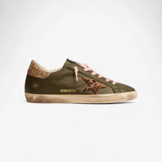 Super-star Sneakers In Dark Leather With Gold Glitter Heel Tab - Green Unisex Streetwear Limited Edition